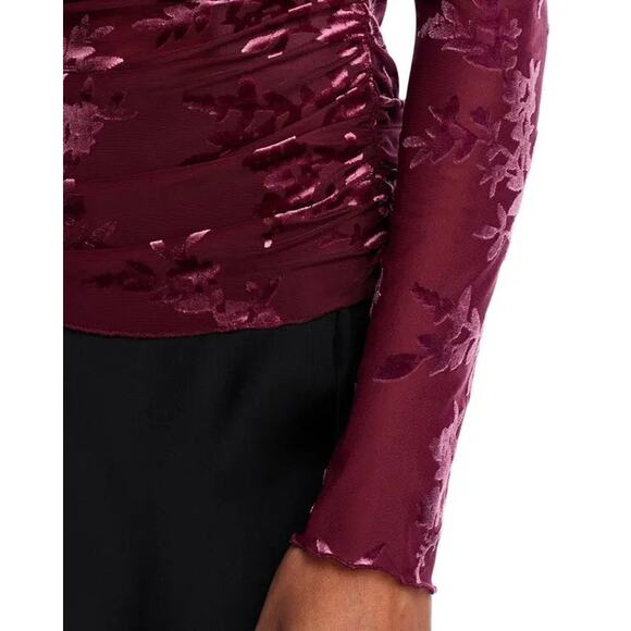 WAYF Women Merlot Red Floral Sheer Jersey Ruched Long Sleeves Slim Top Size XS - Picture 5 of 6